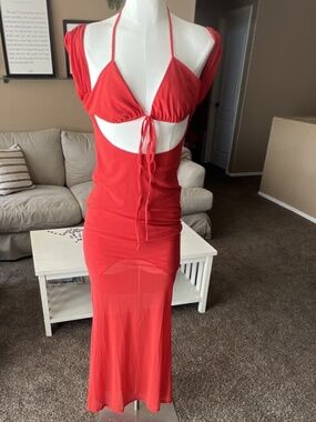 MURCI Red Cut Out Beaded Tie Halter Backless Maxi Dress Sleeveless Size US 6